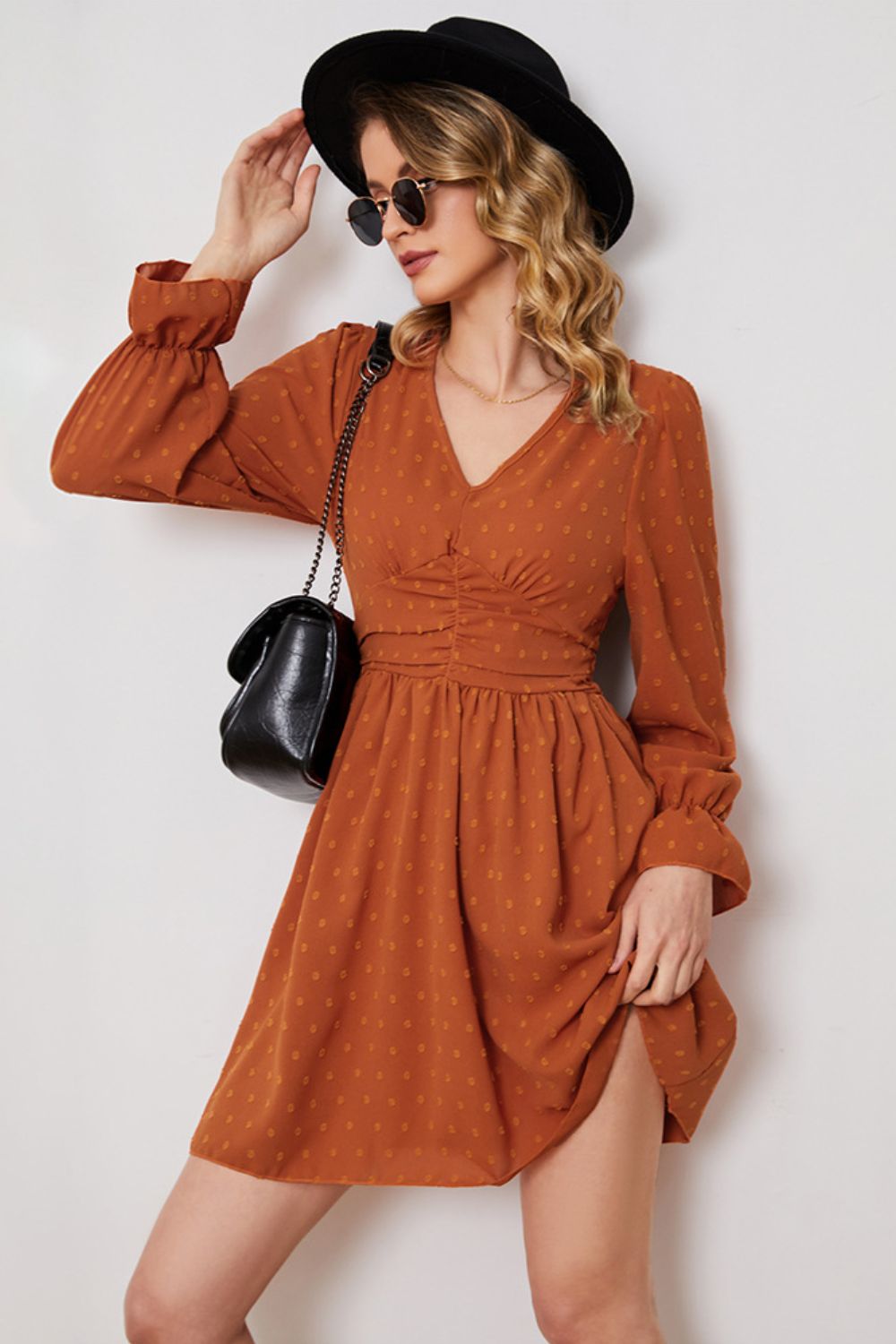 Honeybee Mumford's Swiss Dot Ruched V-Neck Flounce Sleeve Dress