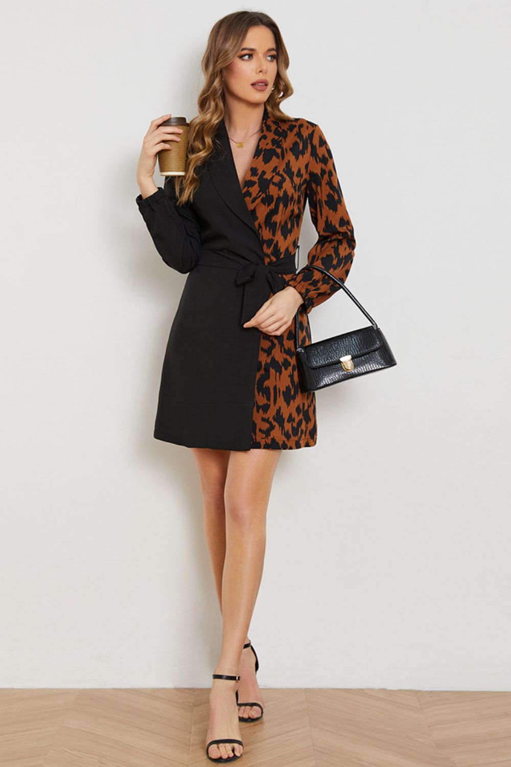 Honeybee Mumford's Leopard Color Block Belted Shawl Collar Dress