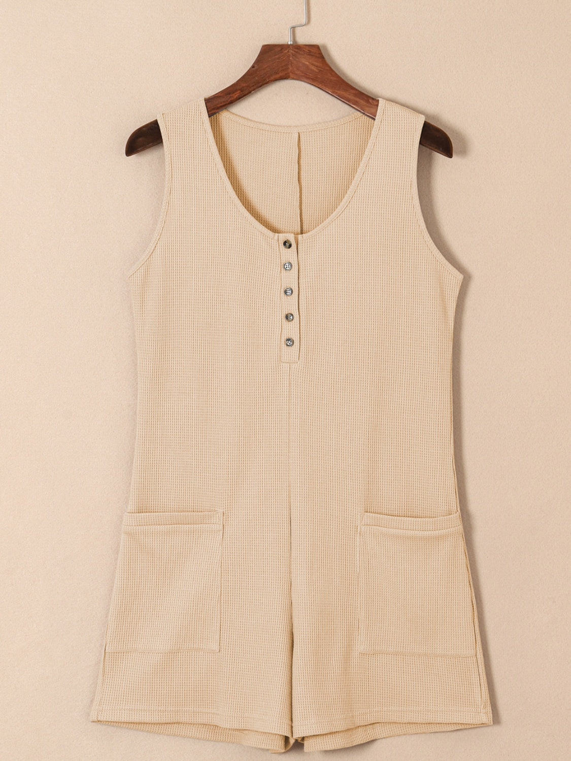 Honeybee Mumford's Waffle-Knit Half Button Sleeveless Romper with Pockets