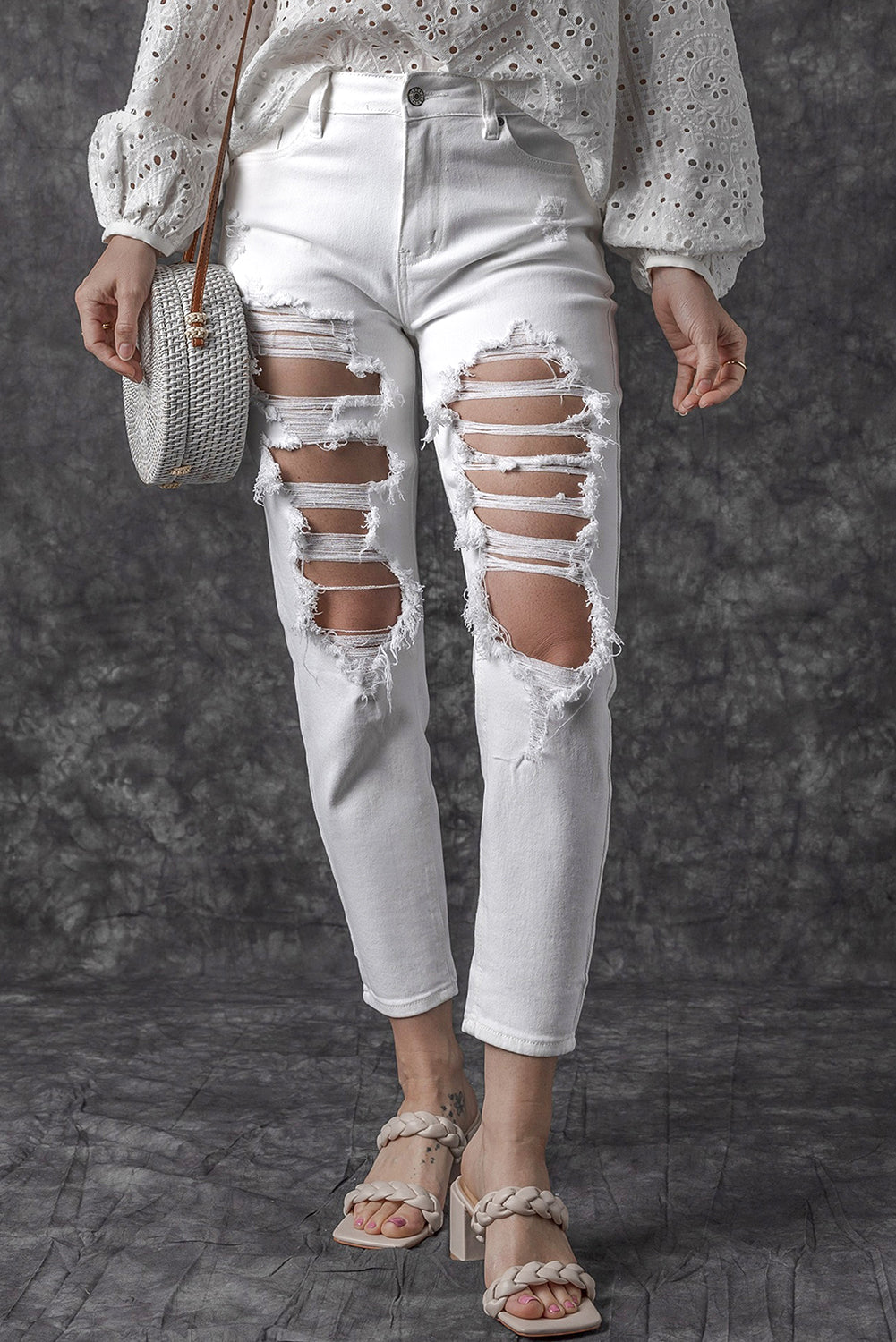 Honeybee Mumford's White Distressed Ripped Holes High Waist Skinny Jeans