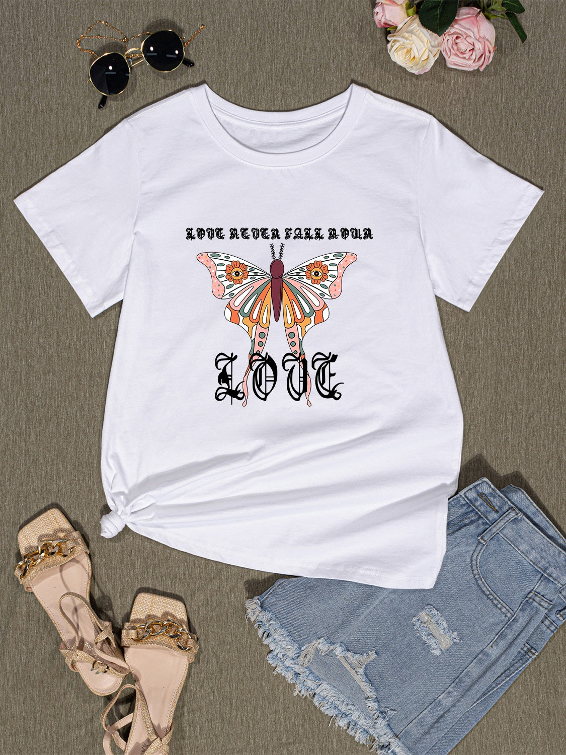 honeybee Mumford's Graphic Butterfly Short Sleeve T-Shirt w/ Round Neck in Dark Gray , Black , White