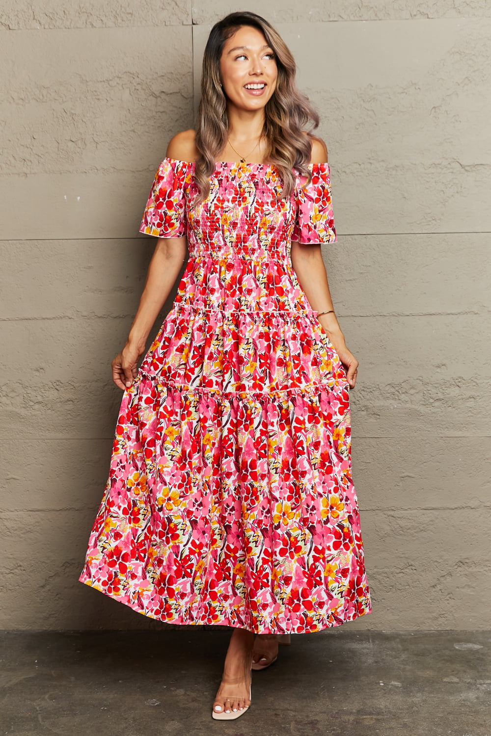 Honeybee Mumford's Floral Off-Shoulder Frill Trim Maxi Dress