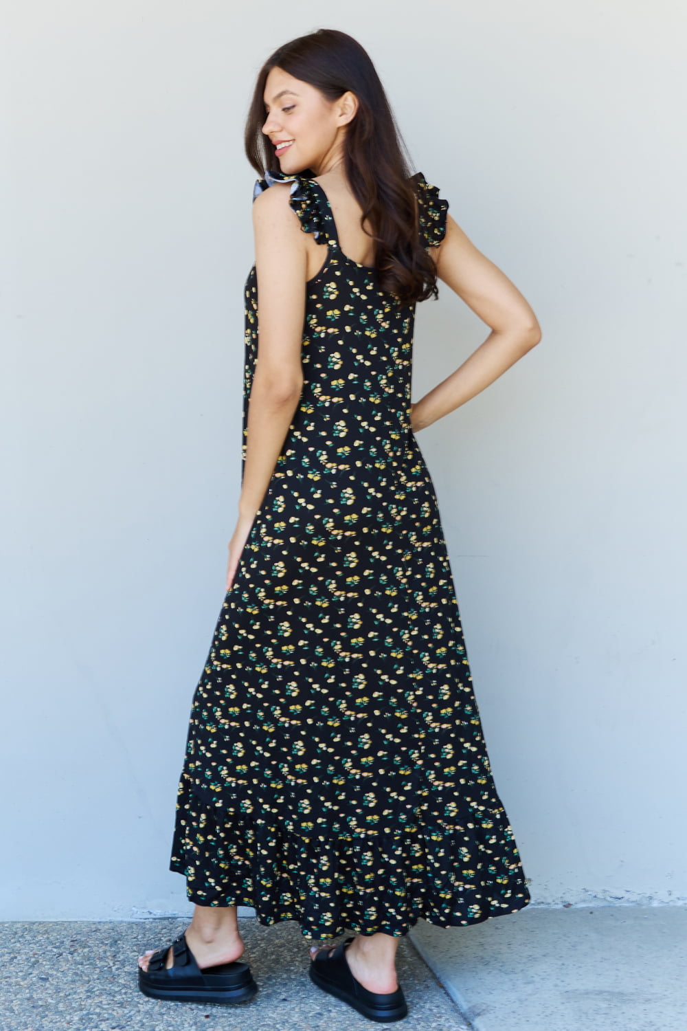 Honeybee Mumford's Doublju In The Garden Ruffle Floral Maxi Dress in Black Yellow Floral