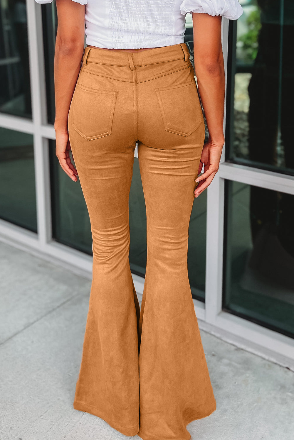 Honeybee Mumford's Brown Exposed Seam Flare Suede Pants with Pockets