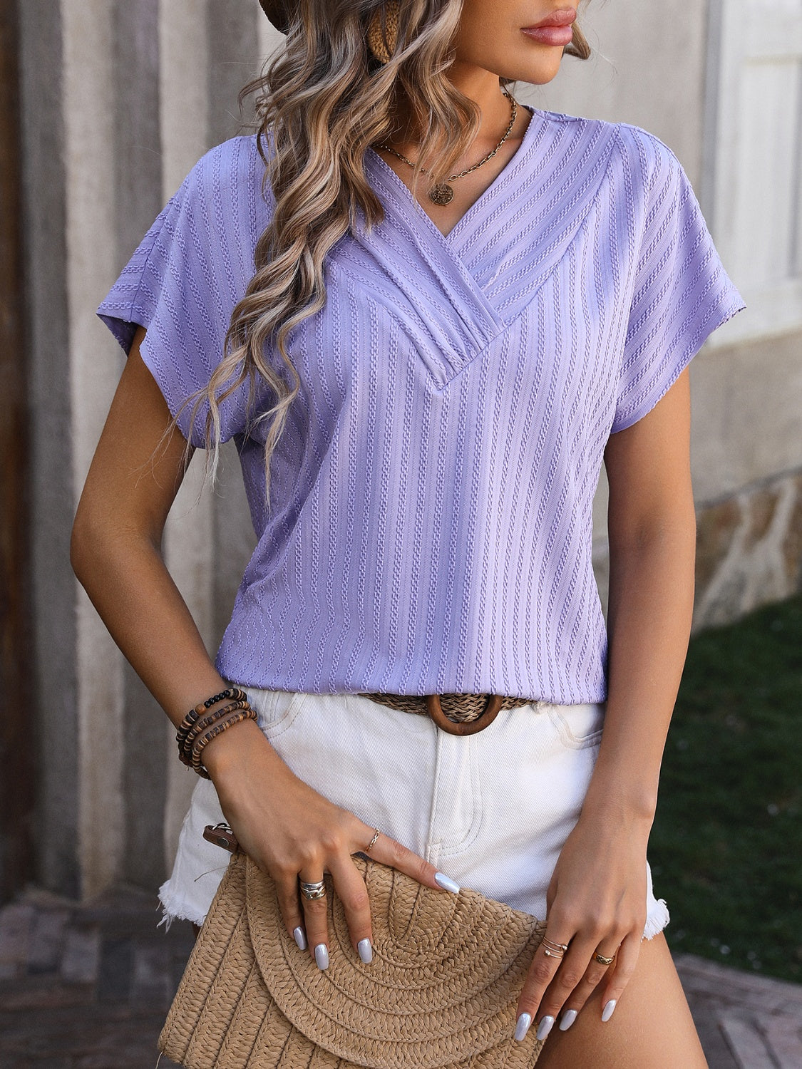 Honeybee Mumford's Textured Surplice Short Sleeve Blouse