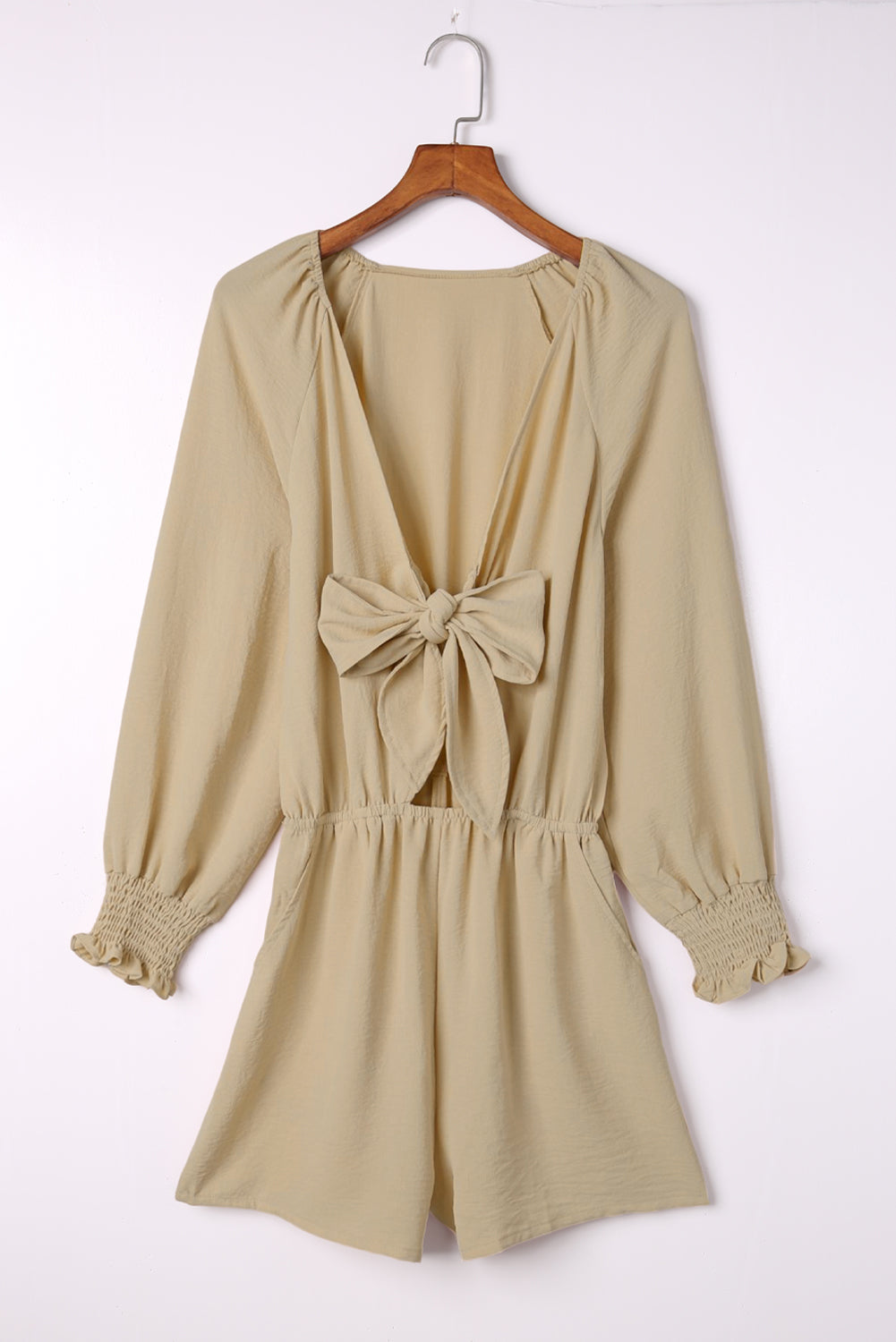 Honeybee Mumford's Beige Tie Knot Puff Long Sleeve Romper