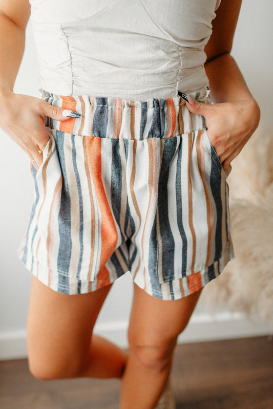 Honeybee Mumford's Stripe Vintage Washed Elastic Frill Waist Casual Shorts