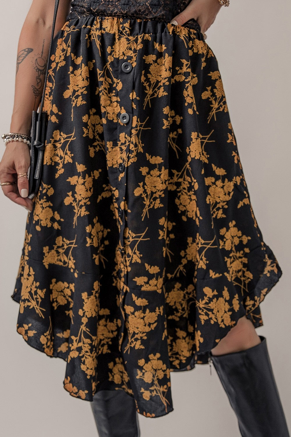 Honeybee Mumford's Floral Buttoned Ruffle Hem Skirt