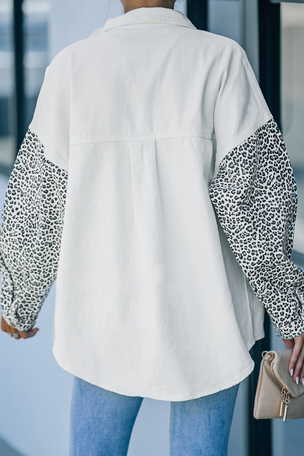 Honeybee Mumford's White Contrast Leopard Denim Jacket