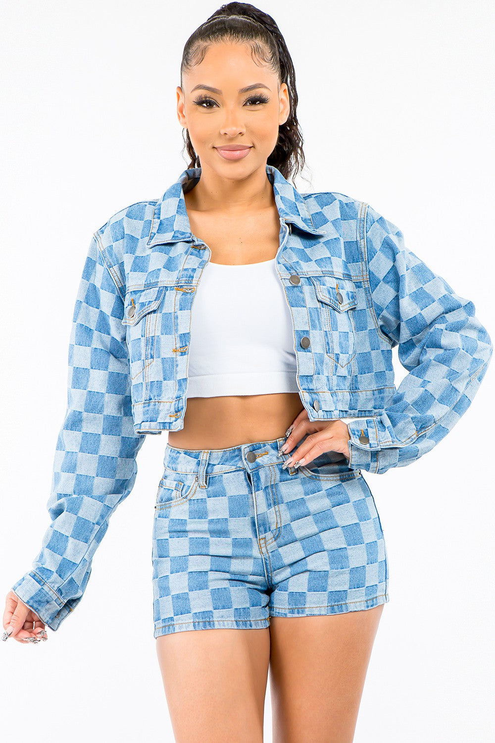 Honeybee Mumford's Checkered Long Sleeve Cropped Denim Jacket