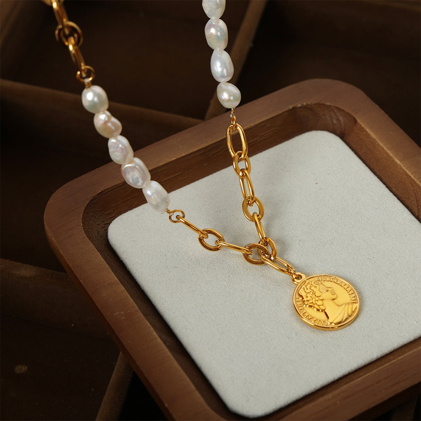 honeybee Mumford's Coin pendant Pearl Necklace