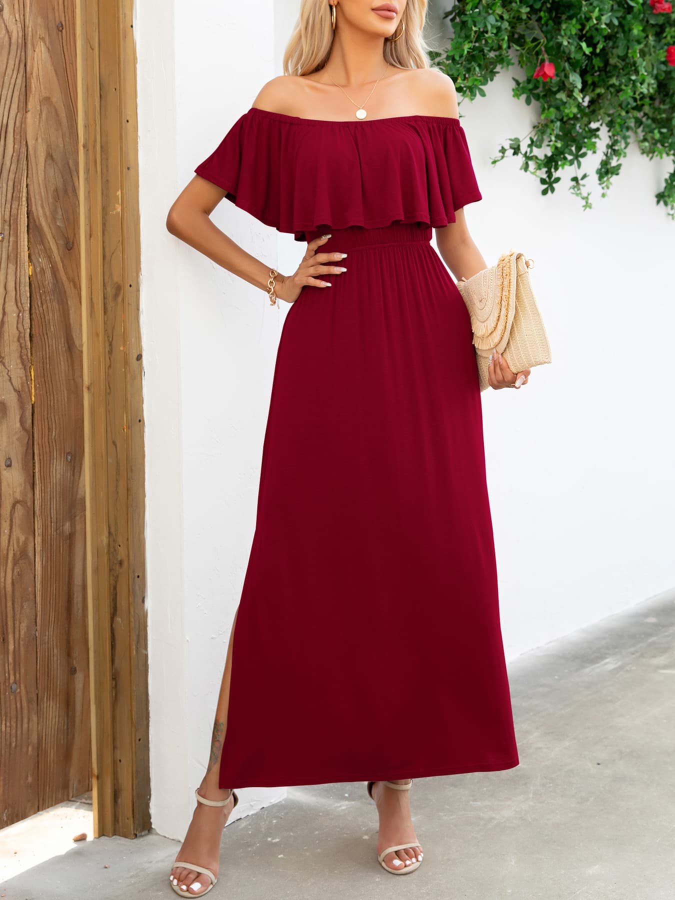 Honeybee Mumford's Off-Shoulder Slit Maxi Dress