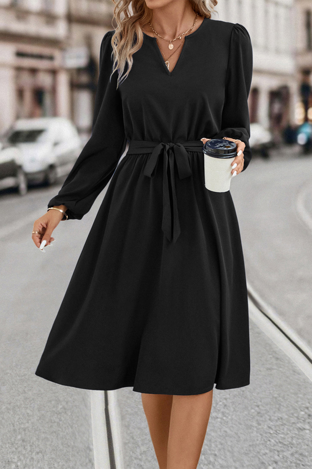 Honeybee Mumford's Tie Waist Notched Neck Long Sleeve Dress