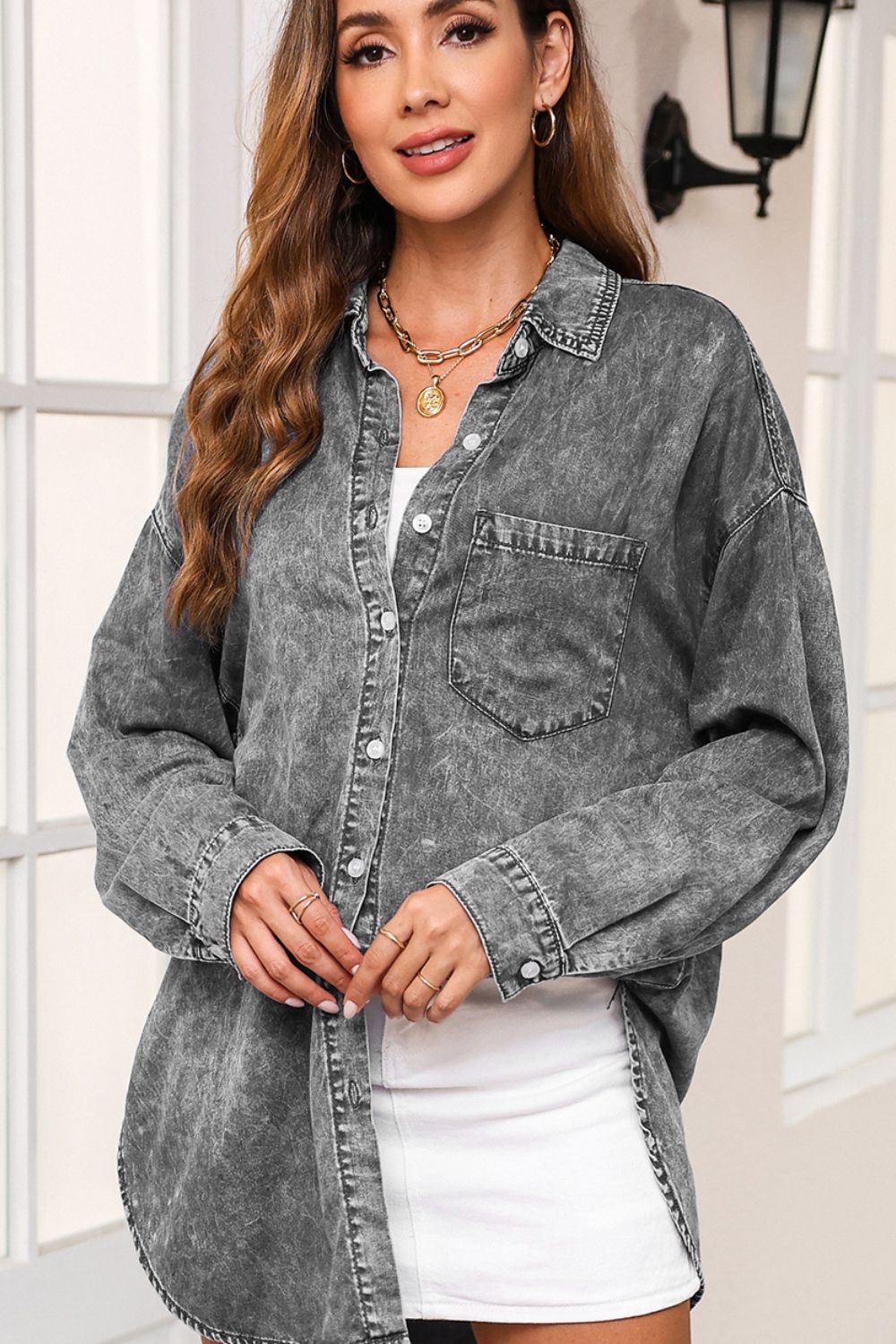 Honeybee Mumford's Button Up Dropped Shoulder Denim Top