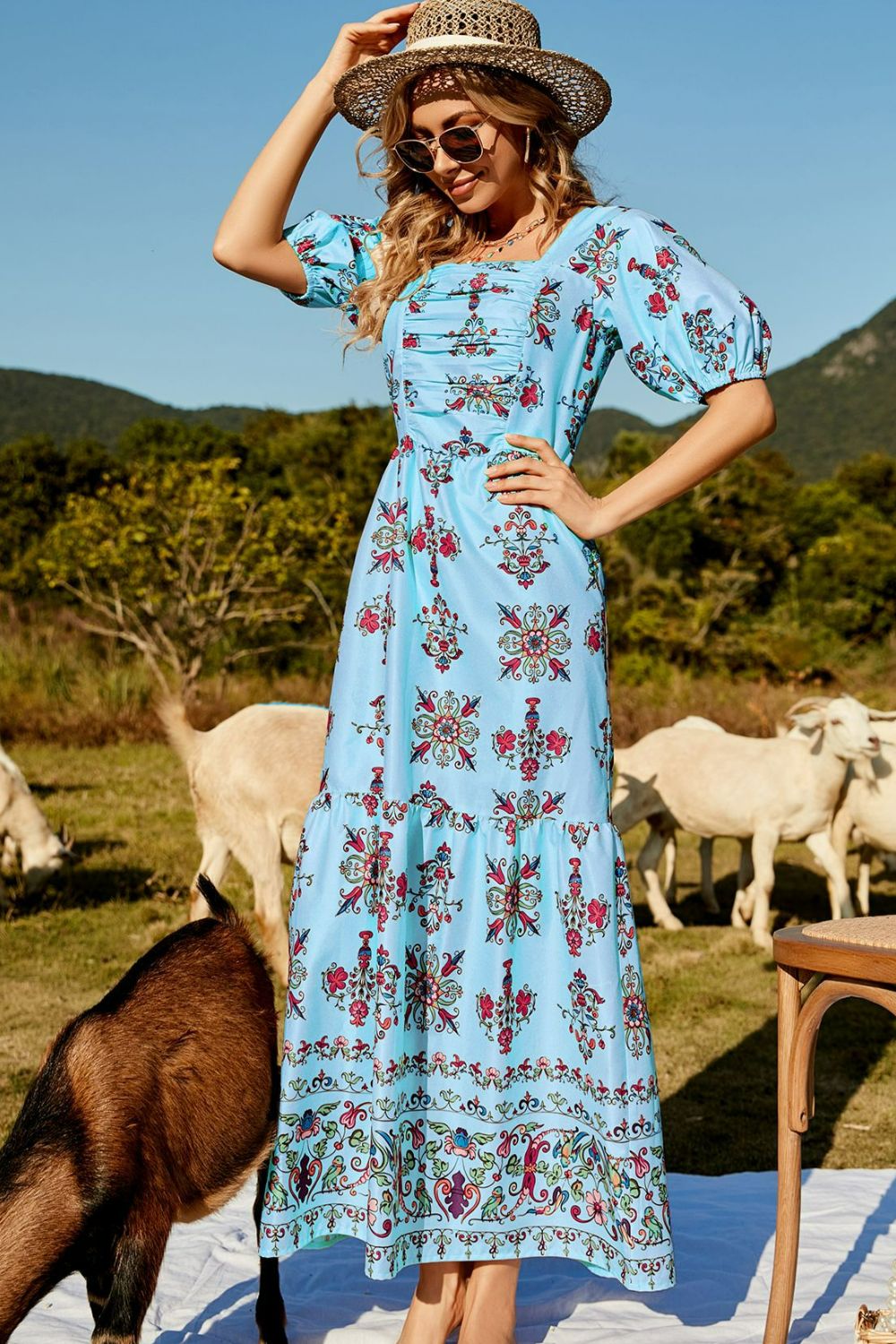 Honeybee Mumford's Casual Floral Ruched Puff Sleeve Tiered Maxi Dress