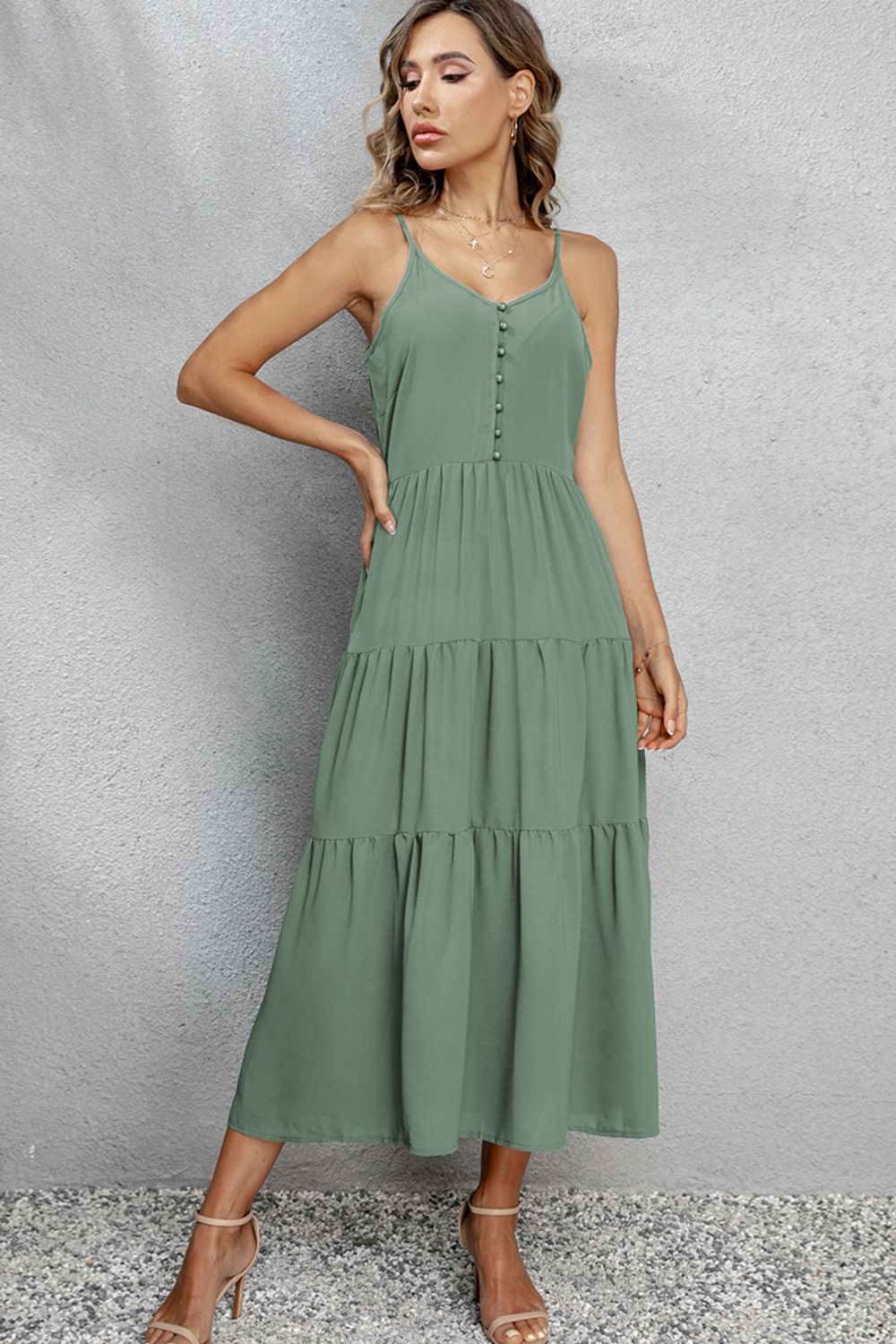 Honeybee Mumford's V-Neck Sleeveless Spaghetti Straps Midi Dress