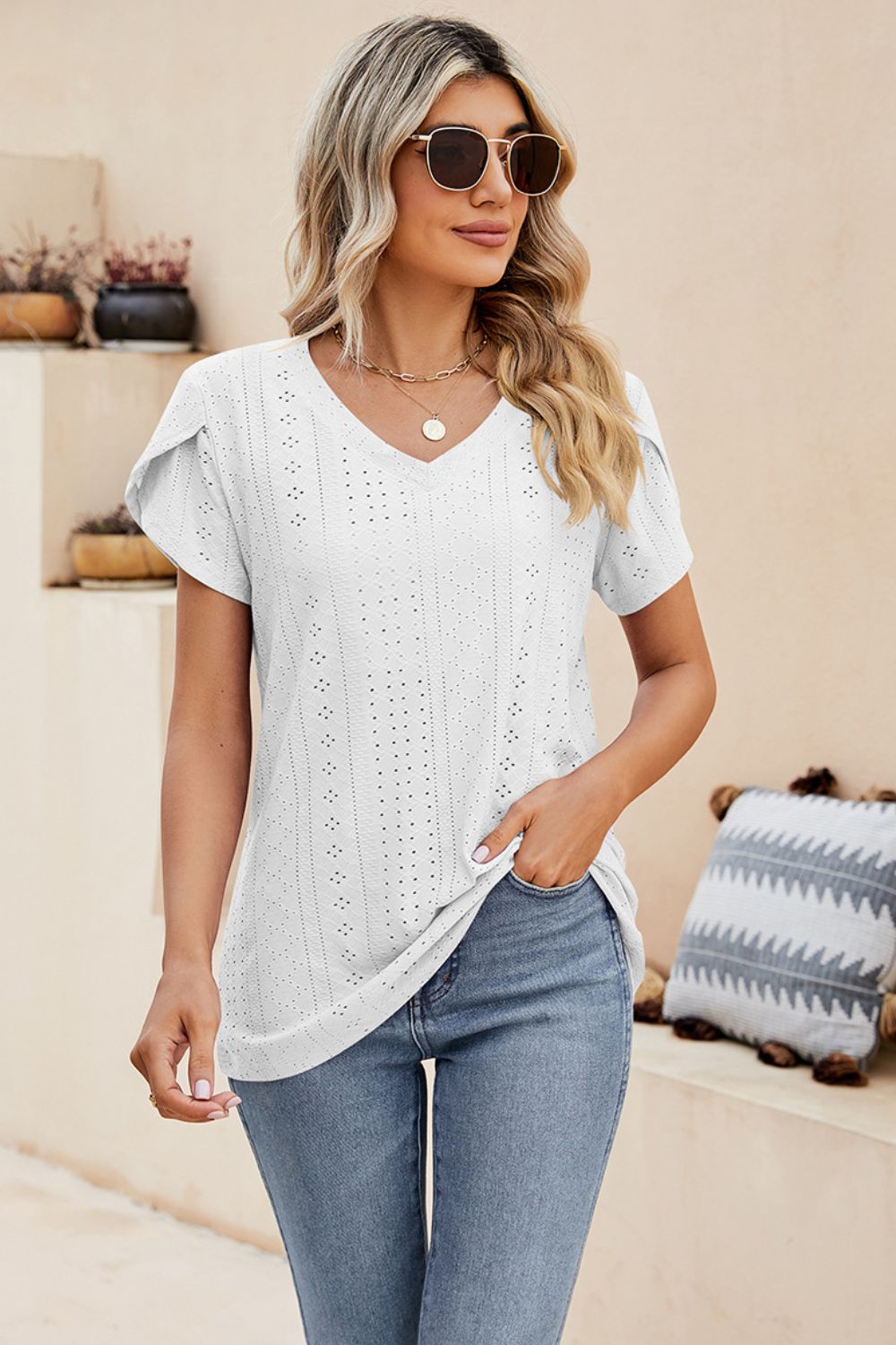 Honeybee Mumford's Eyelet Petal Sleeve V-Neck Knit Top