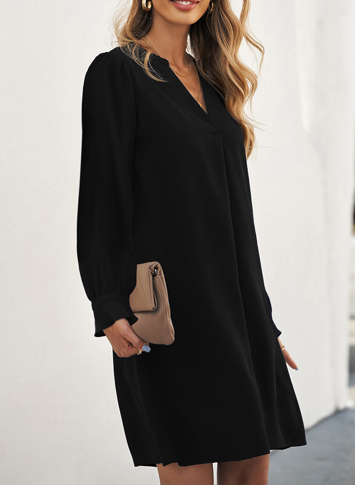 Honeybee Mumford's Long Puff Sleeve Notched Neck Dress