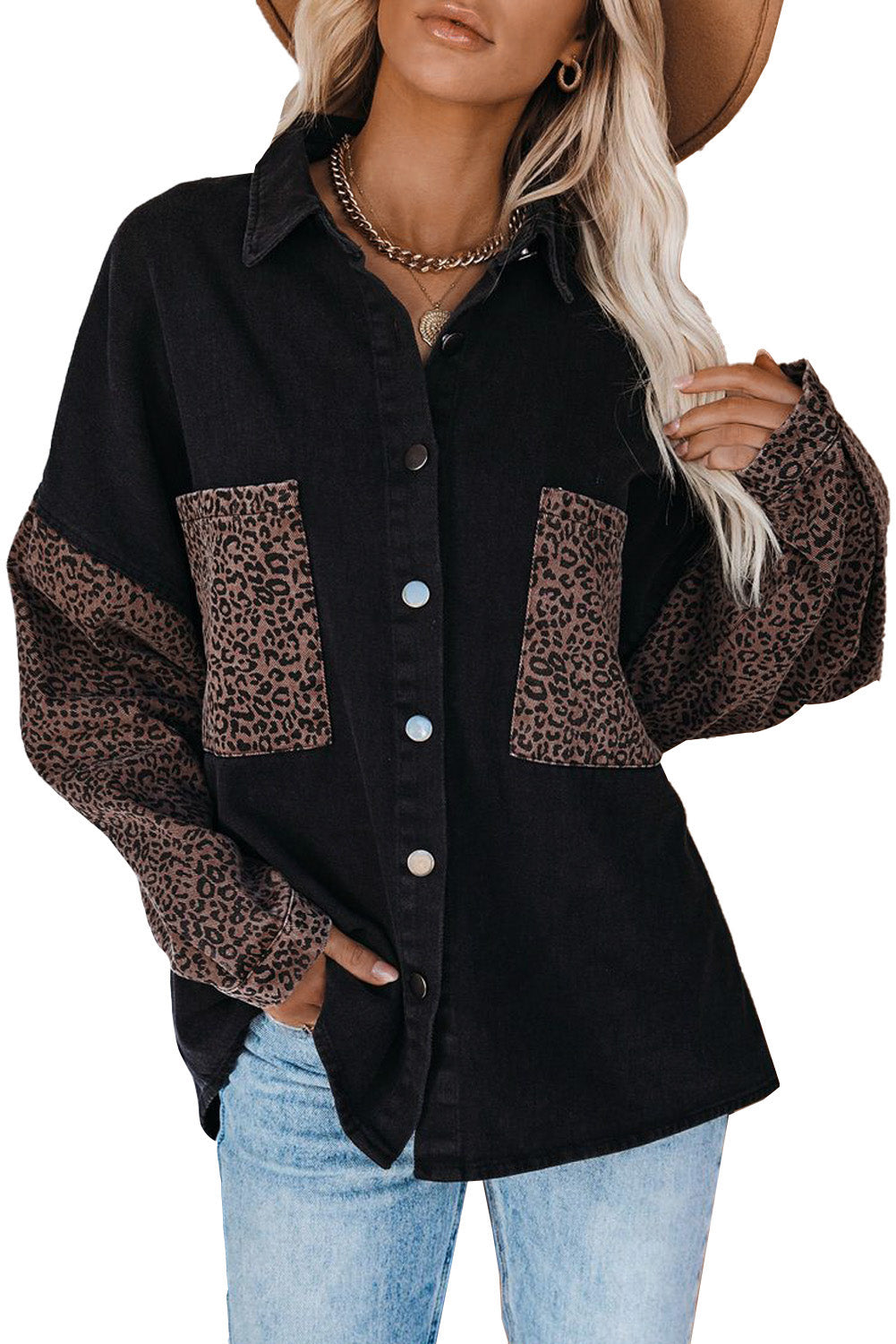 Honeybee Mumford's Black Contrast Leopard Denim Jacket