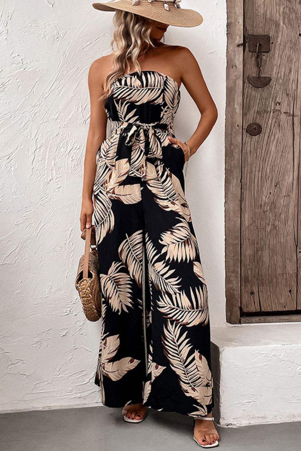 Honeybee Mumford's Printed Strapless Wide Leg Jumpsuit with Pockets