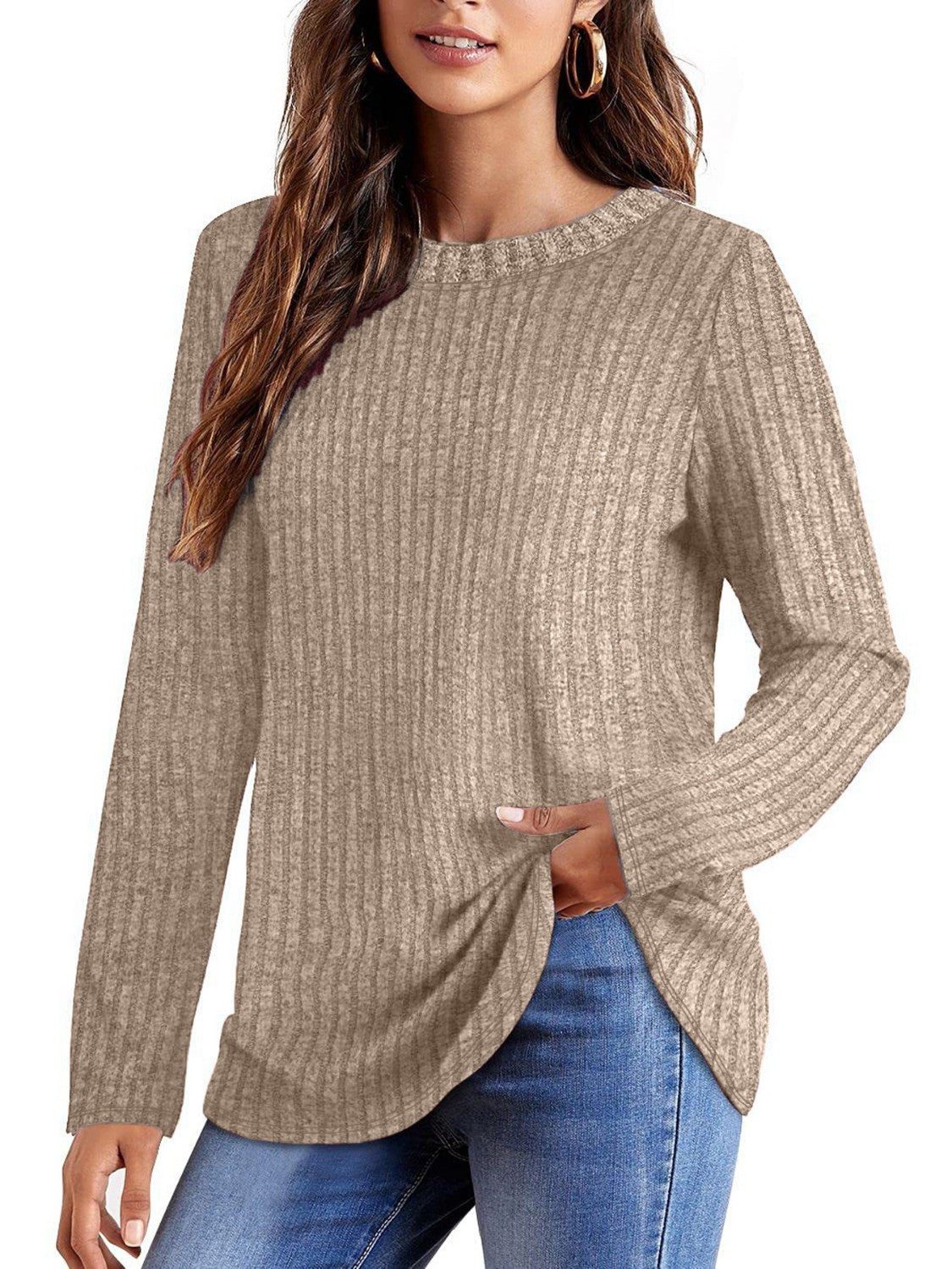 Honeybee Mumford's Ribbed Round Neck Long Sleeve Blouse