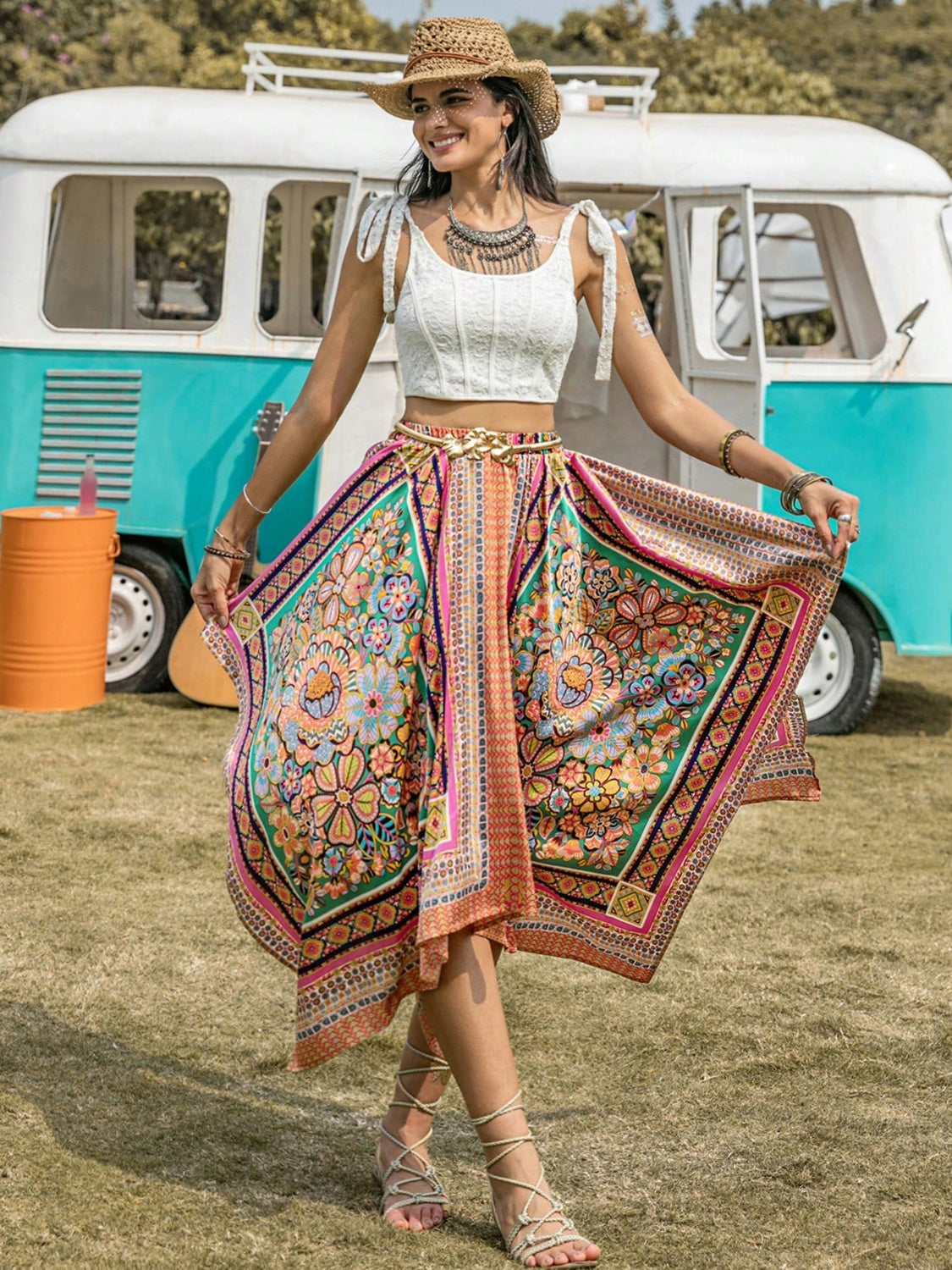 Honeybee Mumford's Printed High Waist Handkerchief Hem Skirt