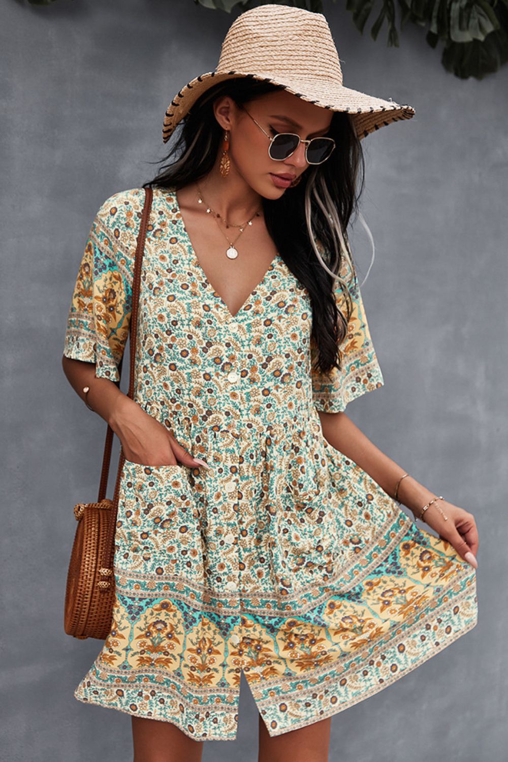 Honeybee Mumford's Bohemian Floral V-Neck Half Sleeve Dress