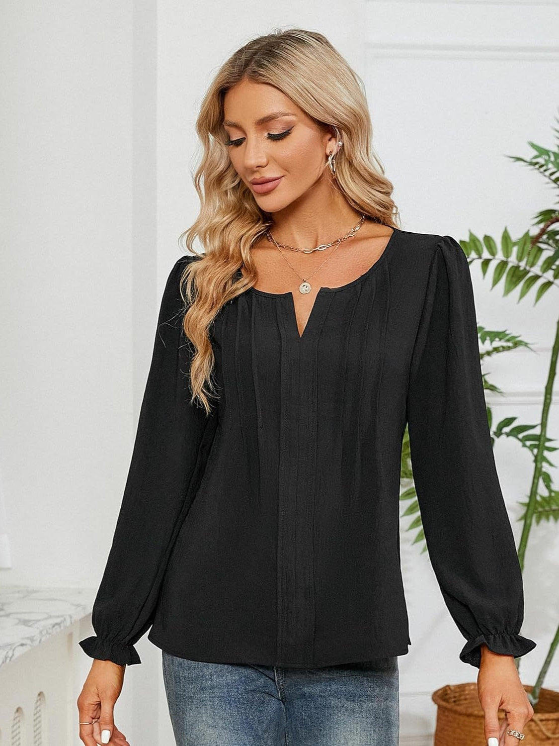 Honeybee Mumford's Notched Flounce Sleeve Blouse