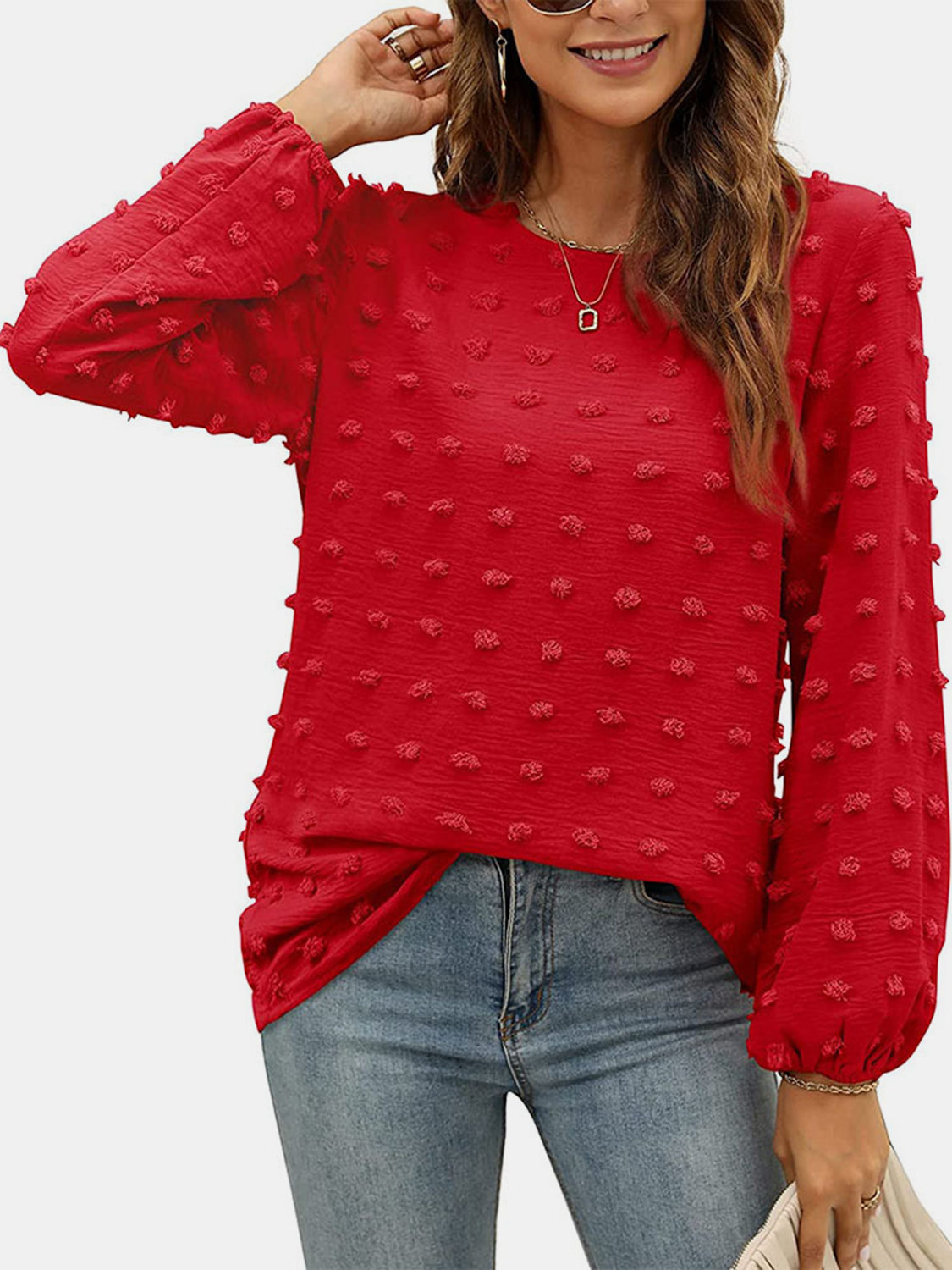 Honeybee Mumford's Swiss Dot Round Neck Long Sleeve Blouse