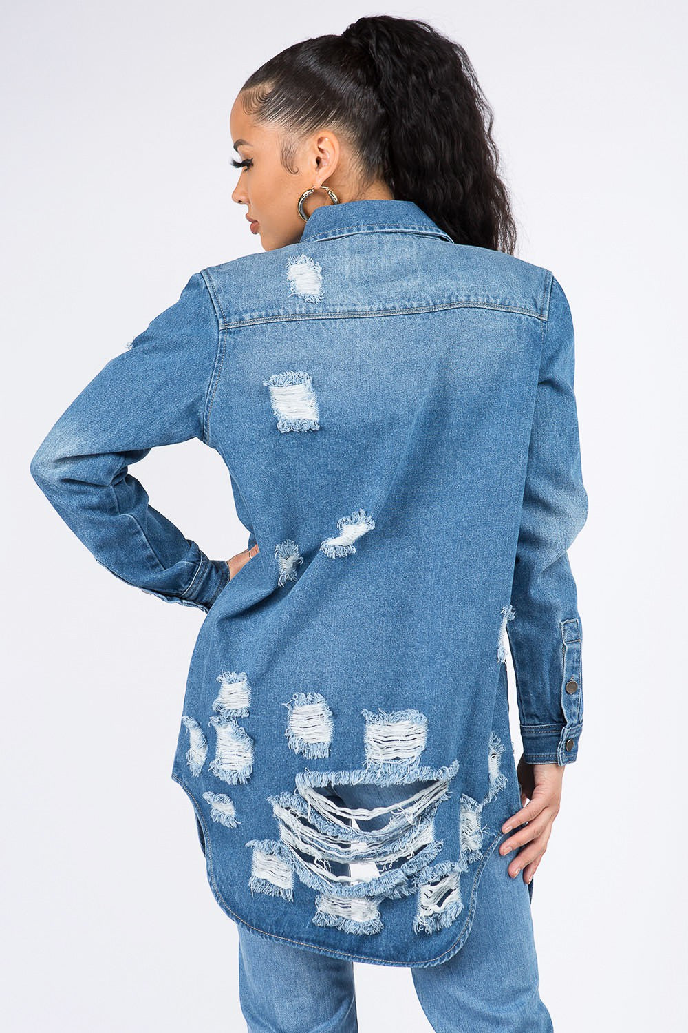 Honeybee Mumford's Distressed Button-Down Denim Shirt Jacket