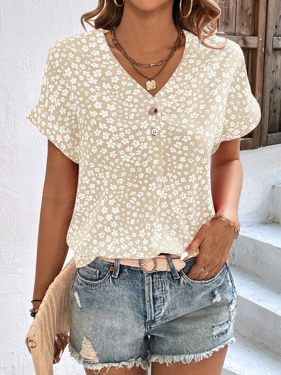 Honeybee Mumford's Printed V-Neck Short Sleeve Blouse