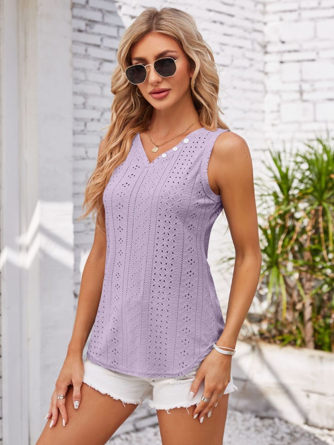 Honeybee Mumford's Eyelet Decorative Button V-Neck Tank