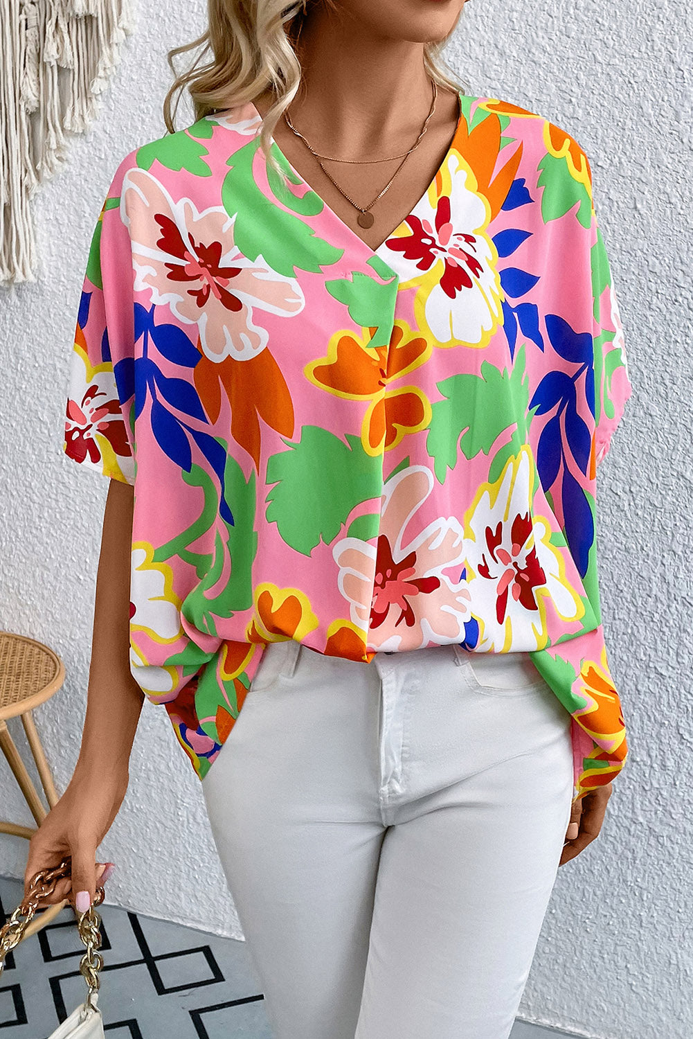 Honeybee Mumford's Floral Print V-Neck Short Raglan Sleeve Blouse