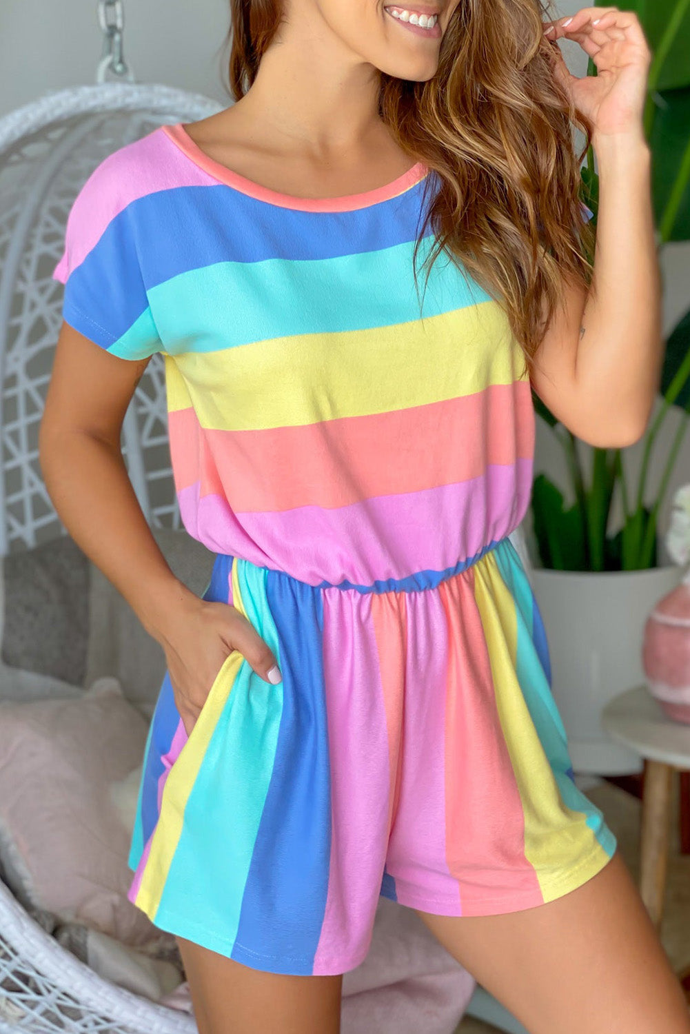 Honeybee Mumford's Multicolor Striped Print High Waist Short Sleeve Romper with Pockets