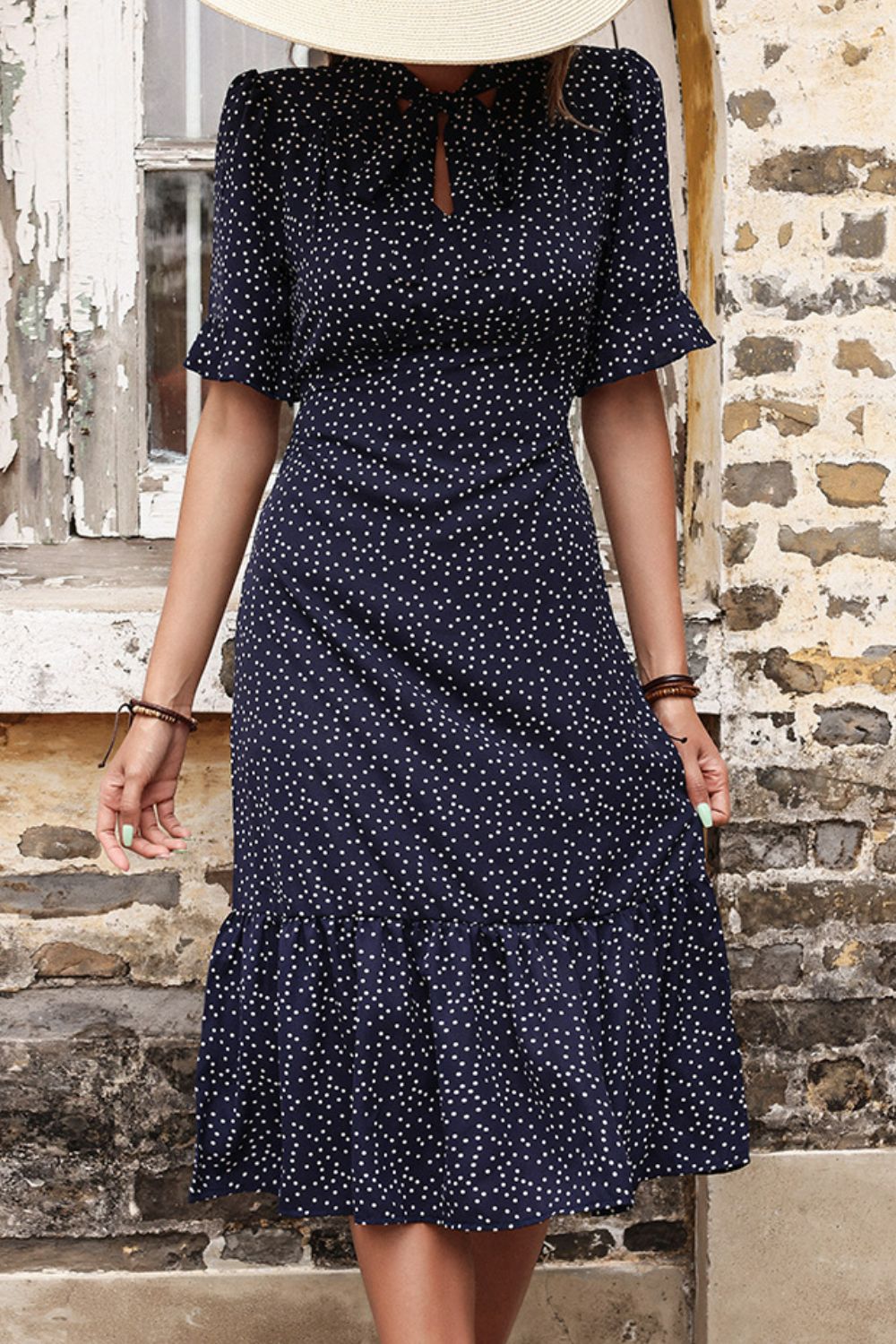 Honeybee Mumford's Polka Dot Tie Front Ruffled Midi Dress