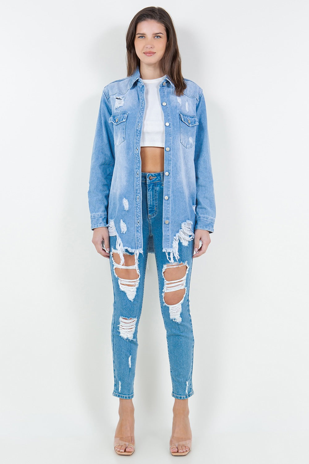 Honeybee Mumford's light blue Distressed Long Sleeve Denim Jacket