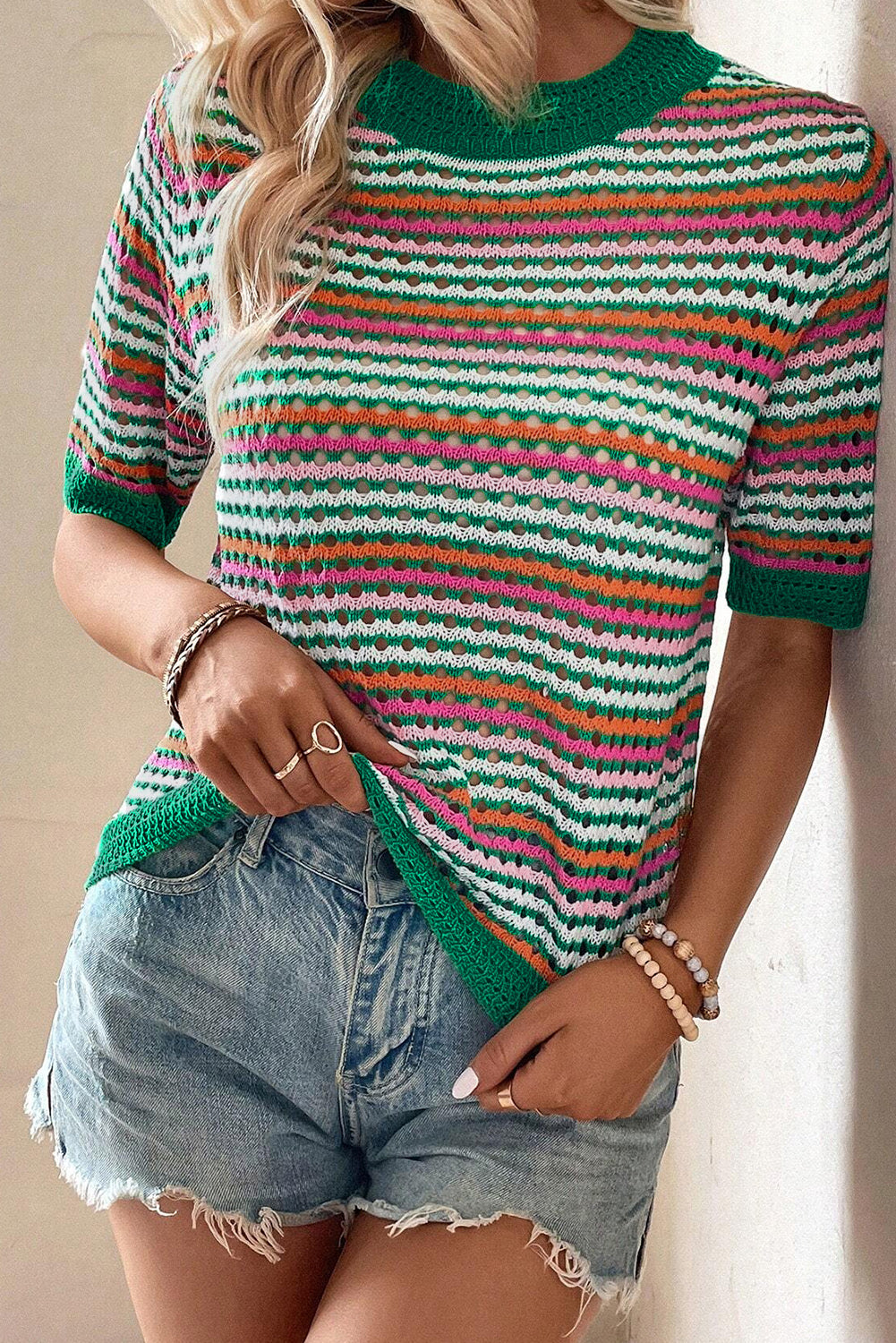 Honeybee Mumford's Dark Green Striped Pattern Contrast Trim Pointelle Knit T Shirt