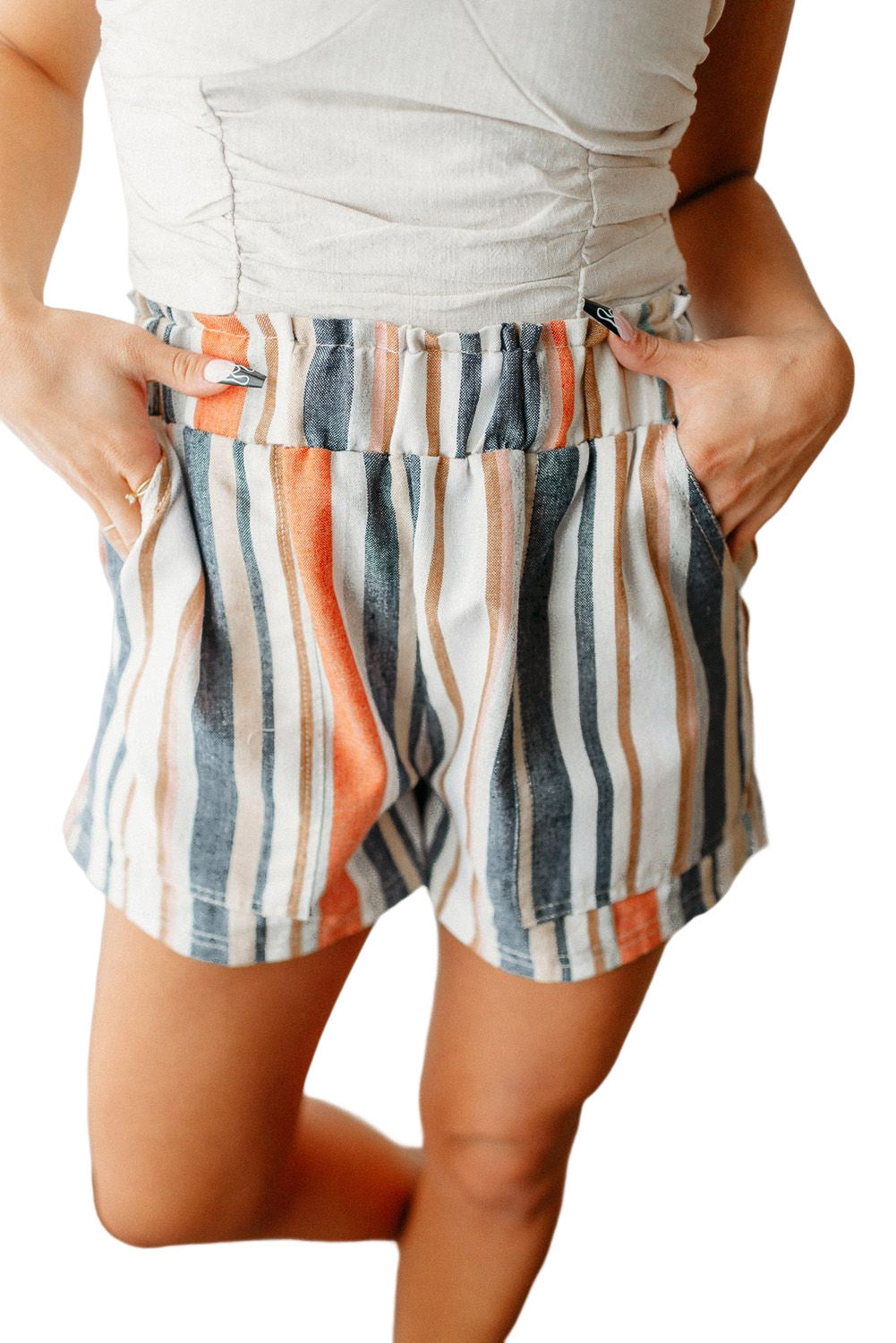 Honeybee Mumford's Stripe Vintage Washed Elastic Frill Waist Casual Shorts