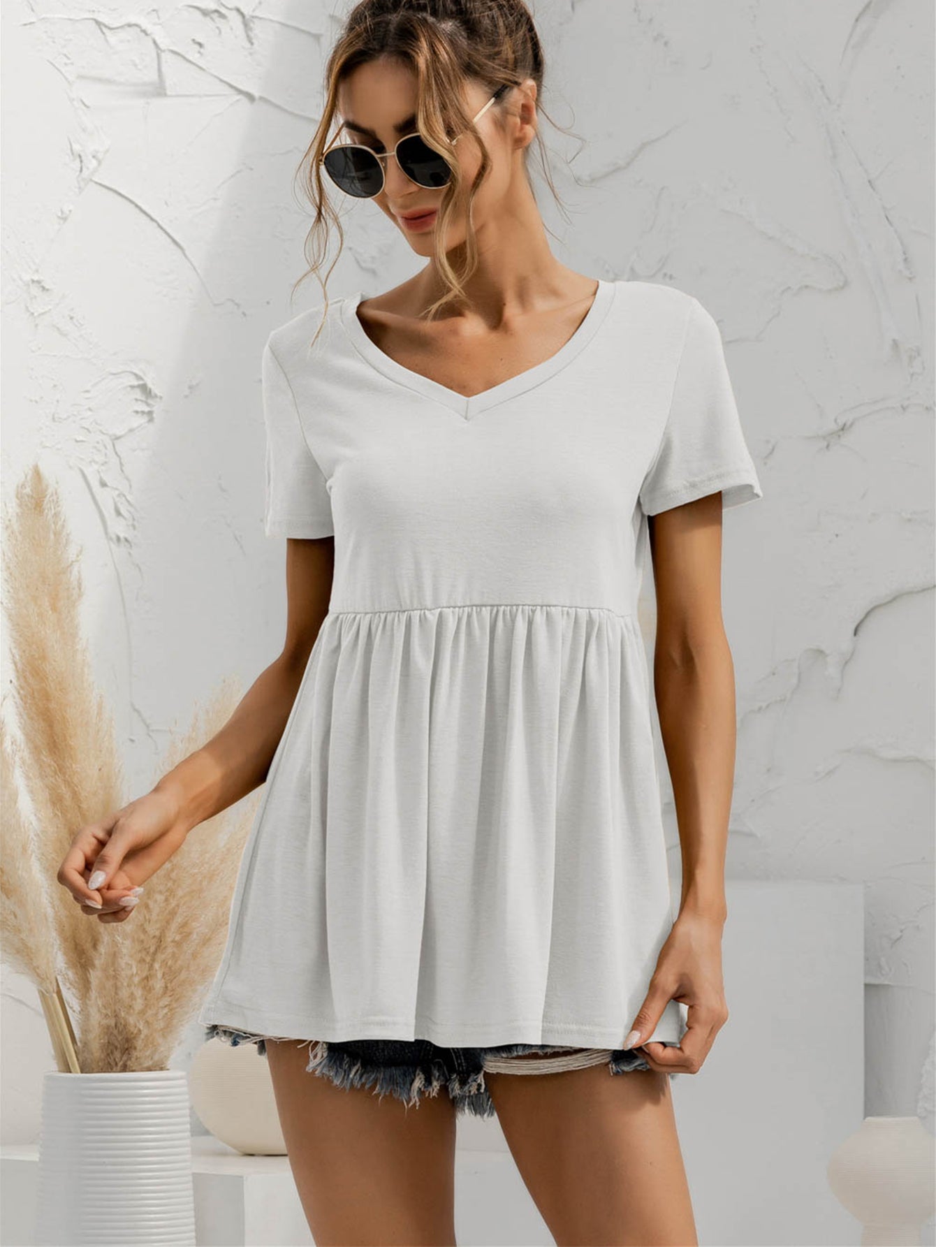 Honeybee Mumford's V-Neck Short Sleeve Babydoll Top