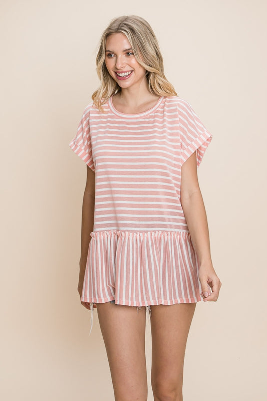 Honeybee Mumford's Cotton Striped Ruffled Short Sleeve Top