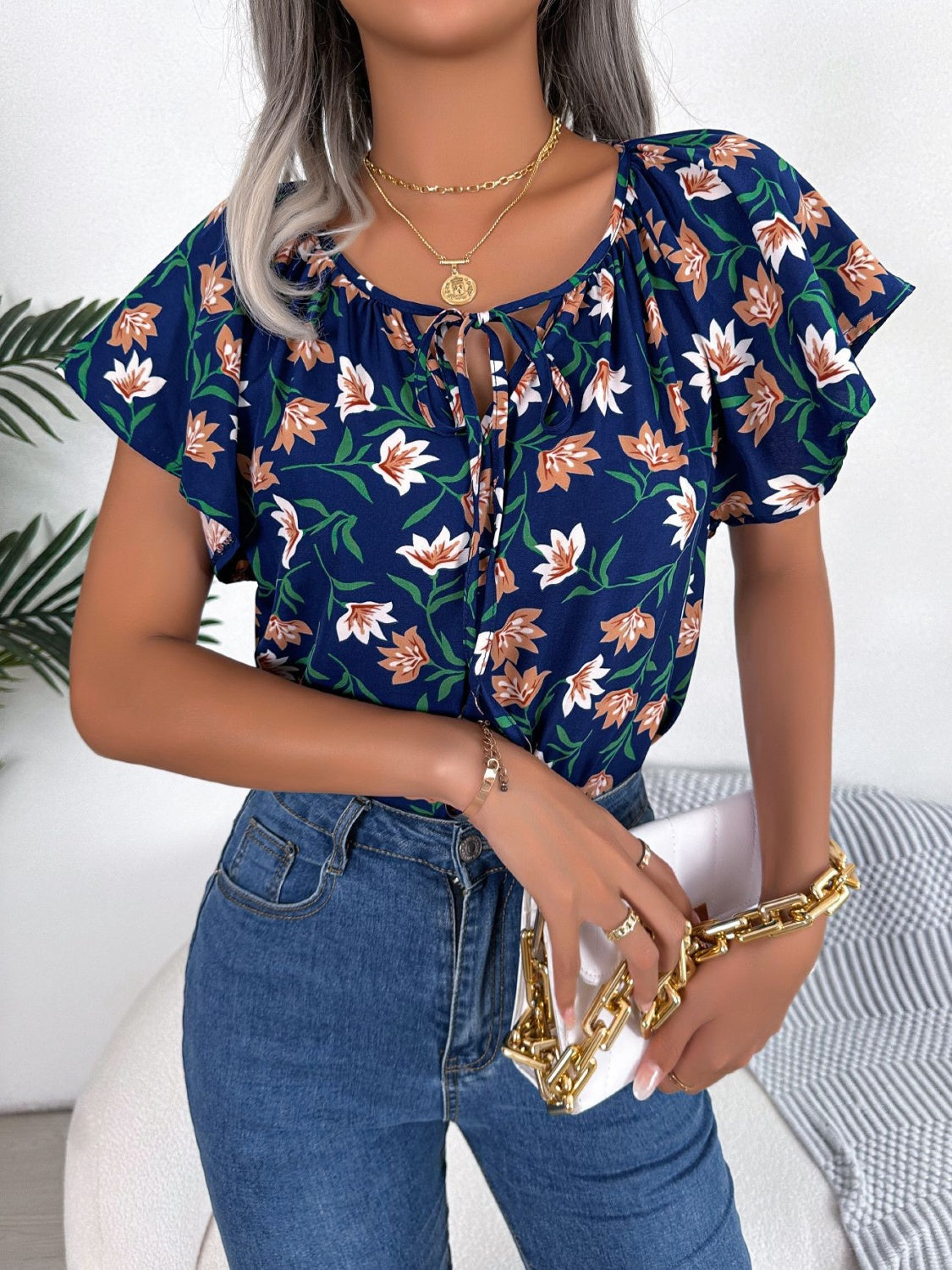 Honeybee Mumford's Floral Tie Neck Flutter Sleeve Blouse