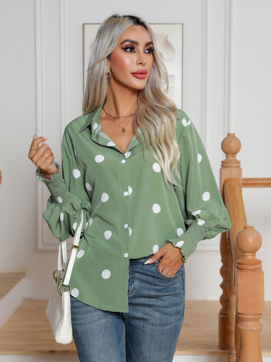 Honeybee Mumford's Polka Dot Collared Neck Buttoned Lantern Sleeve Shirt