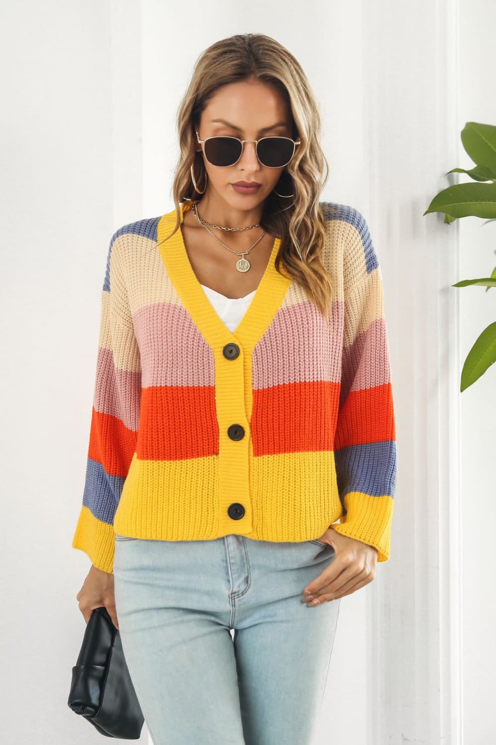 Honeybee Mumford's Color Block Button-Down Dropped Shoulder Cardigan