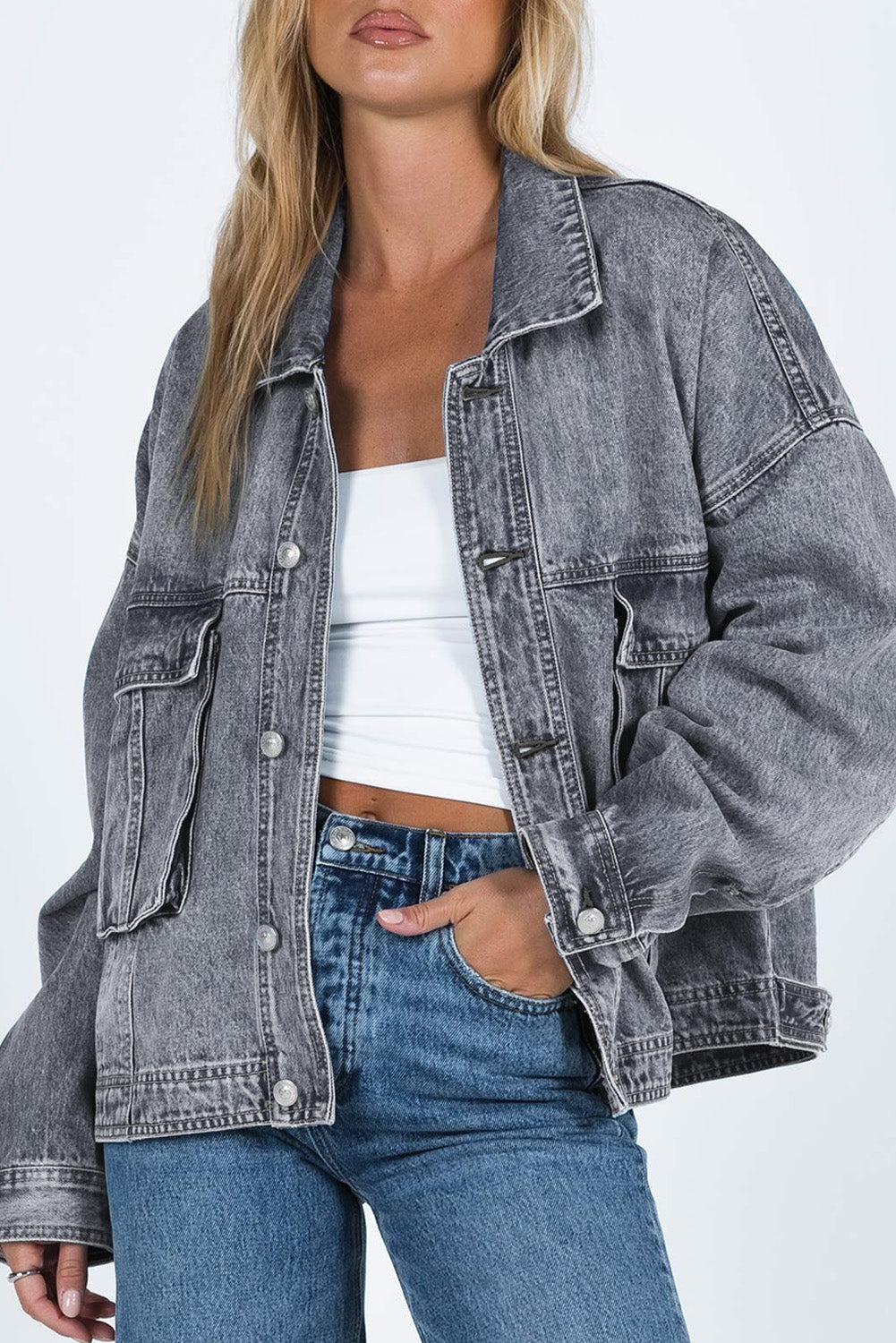 Honeybee Mumford's Gray Chest Pockets Drop Shoulder Loose Denim Jacket