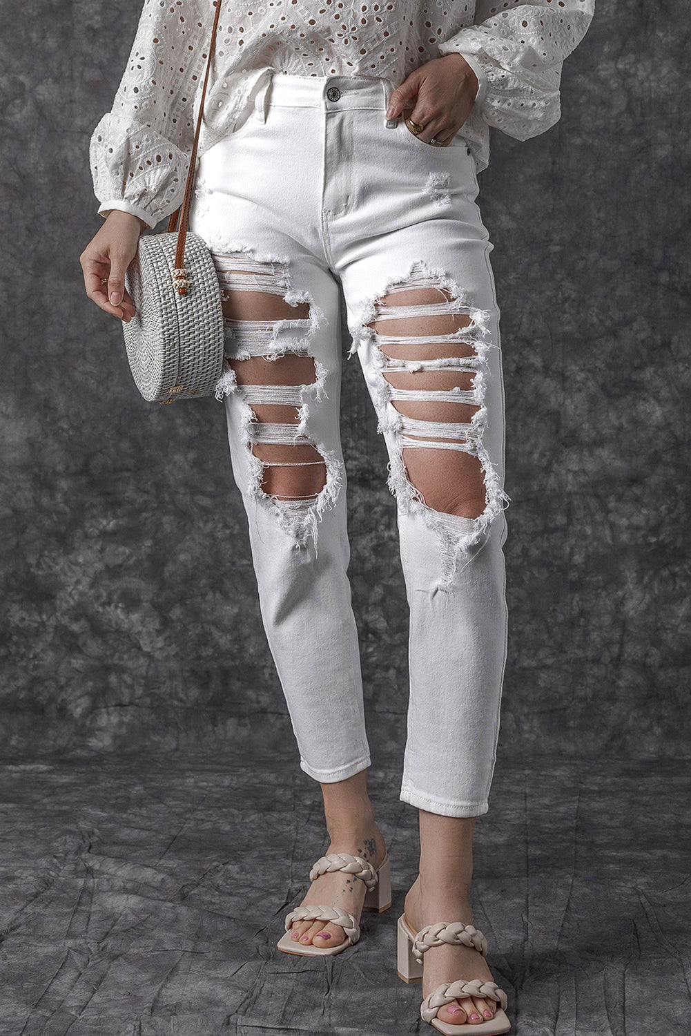 Honeybee Mumford's White Distressed Ripped Holes High Waist Skinny Jeans