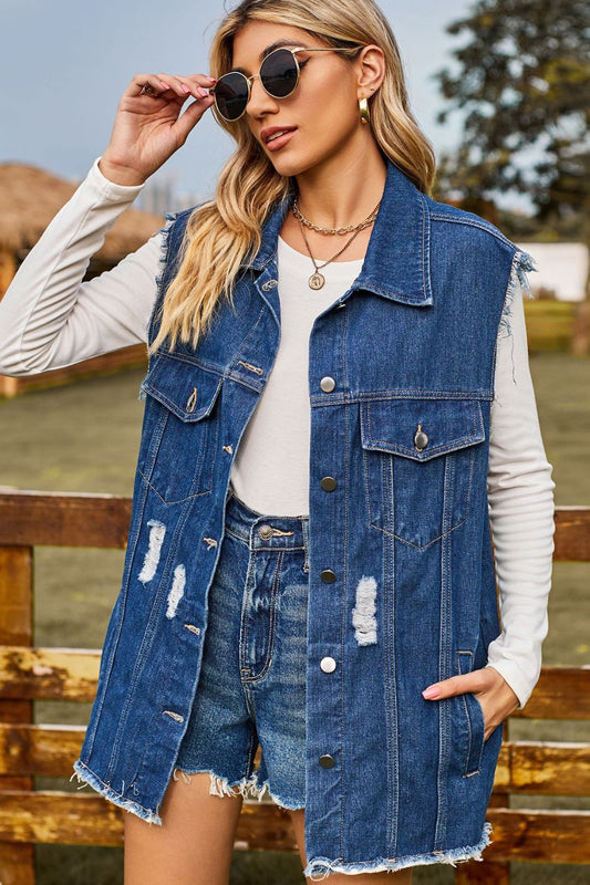 Honeybee Mumford's Sleeveless Button-Up Collared Denim Top with Pockets