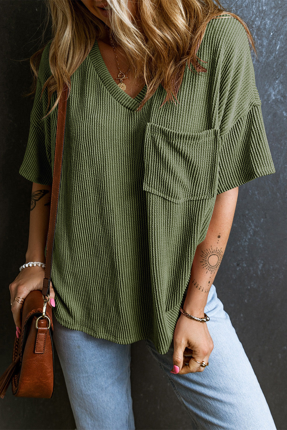 Honeybee Mumford's Jungle Green Corded V Neck Chest Pocket Loose T-shirt