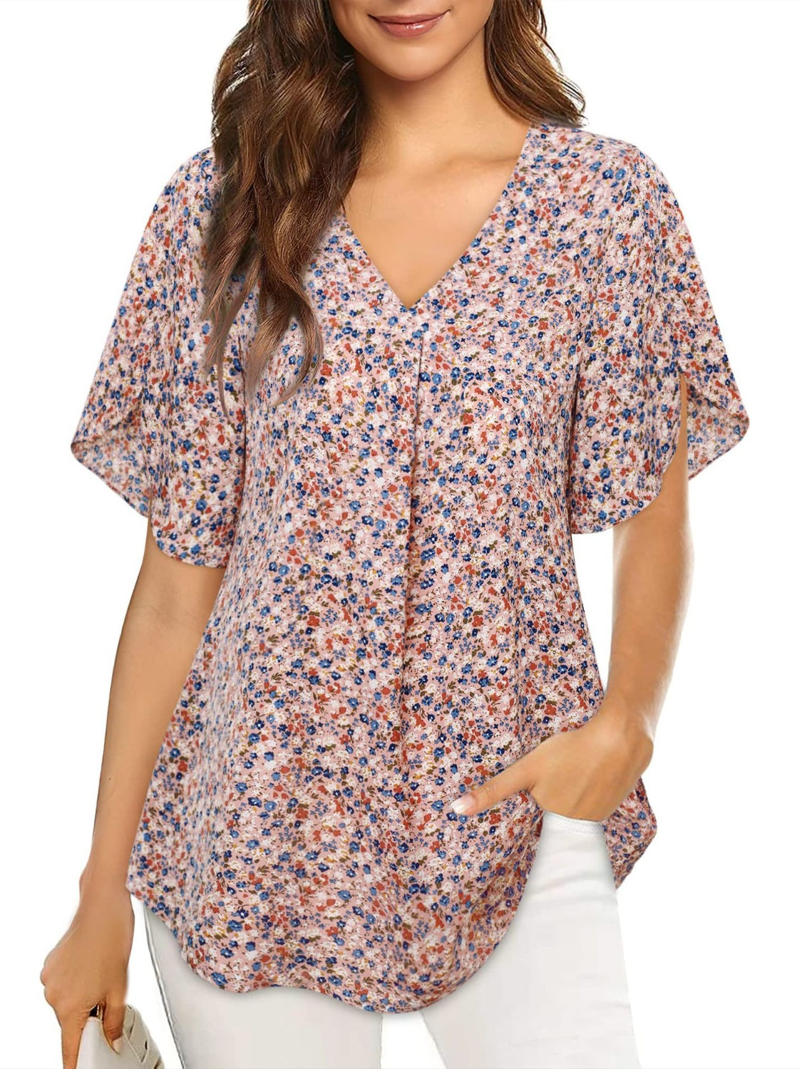 Honeybee Mumford's Printed V-Neck Slit Half Sleeve Blouse