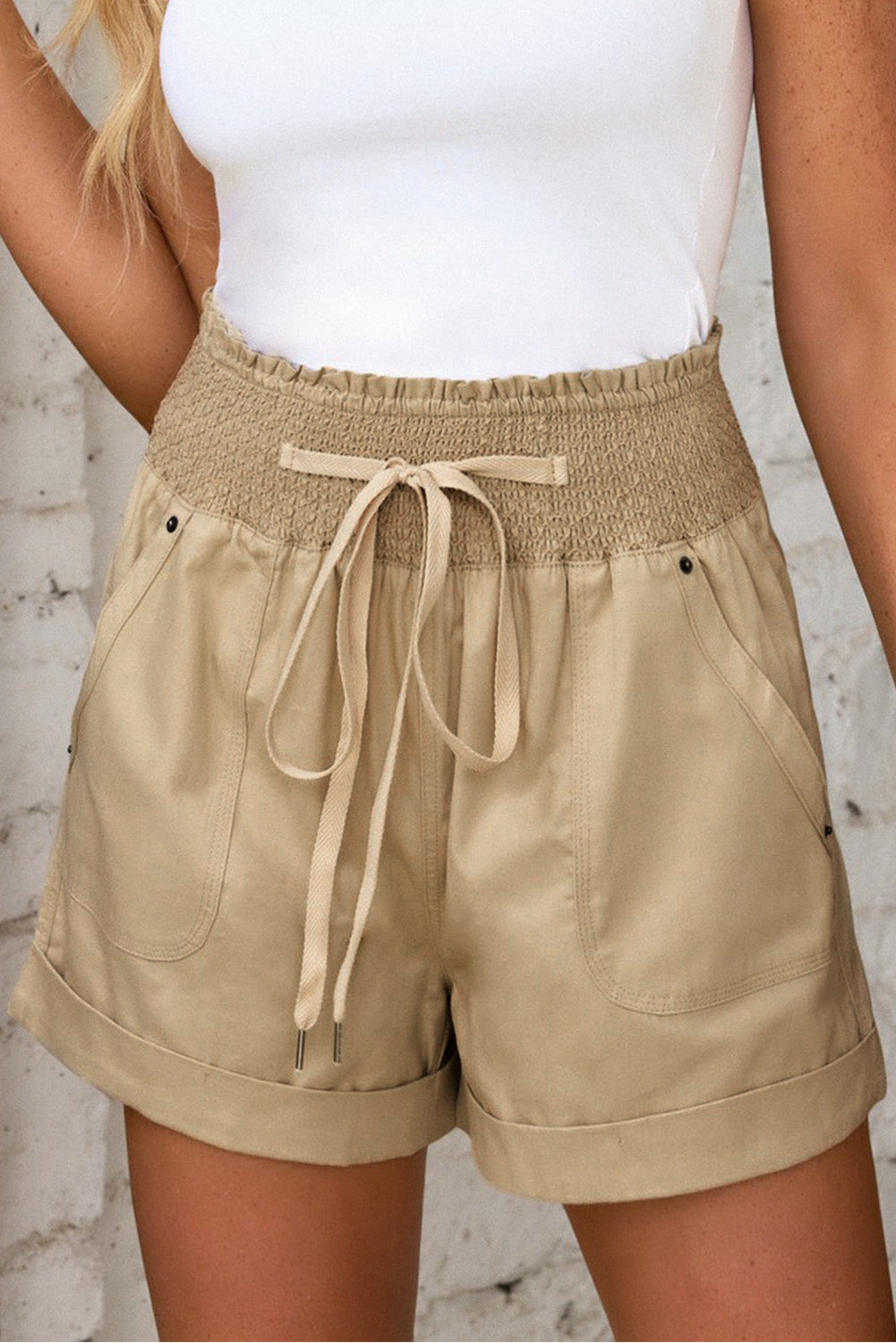 Honeybee Mumford's Khaki Drawstring Shirred High Waist Casual Shorts