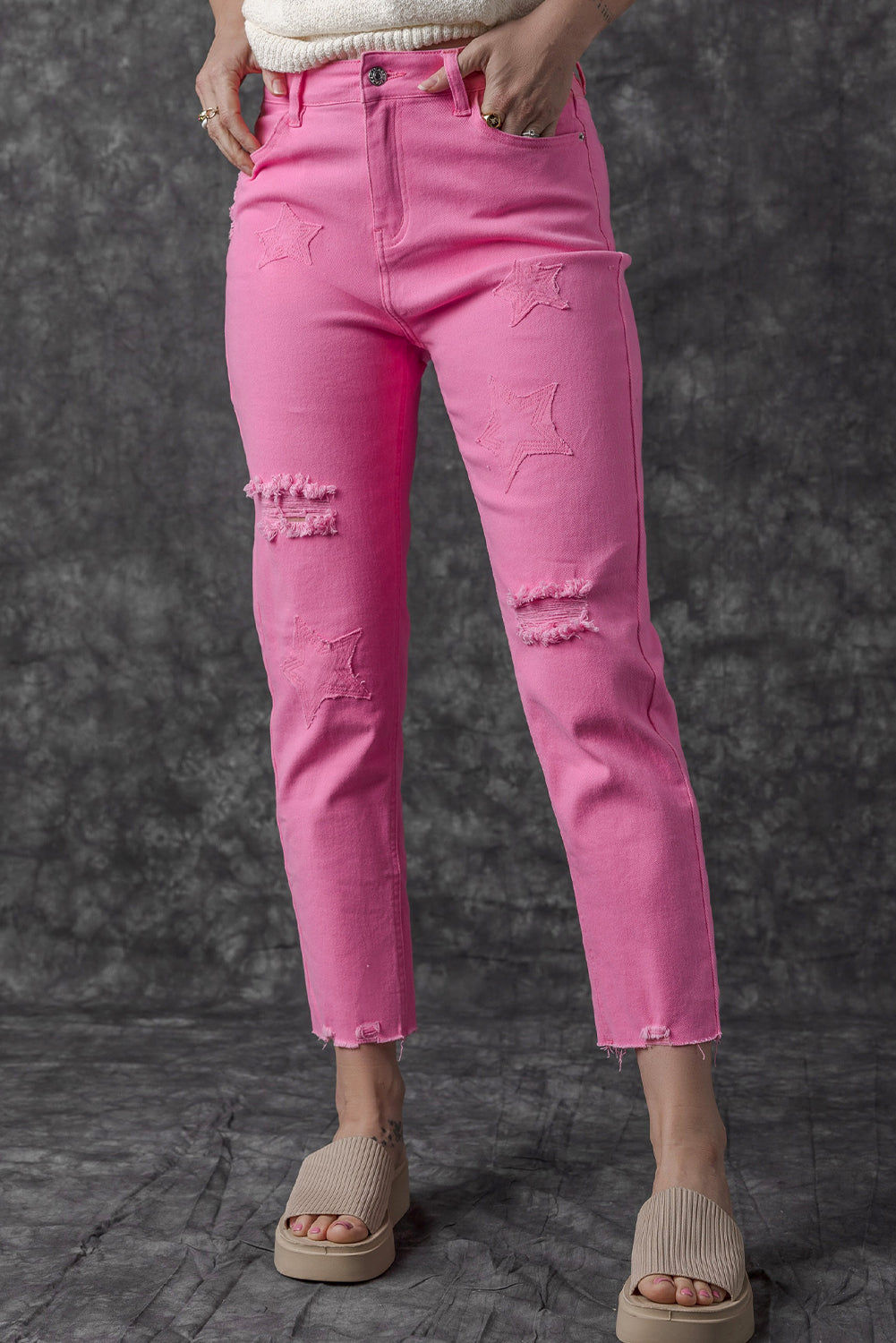 Honeybee Mumford's Pink Star Shape Patchwork Mid Waist Straight Leg Jeans